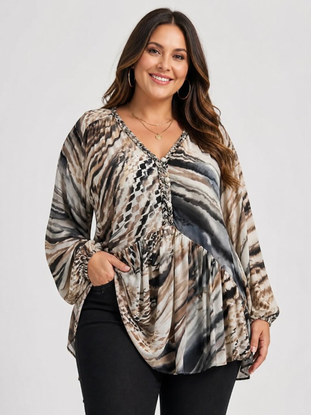 V Cristina Tunic Top Brown Tan Mixed Pattern Hi Low Long Sleeve Womens Size XL